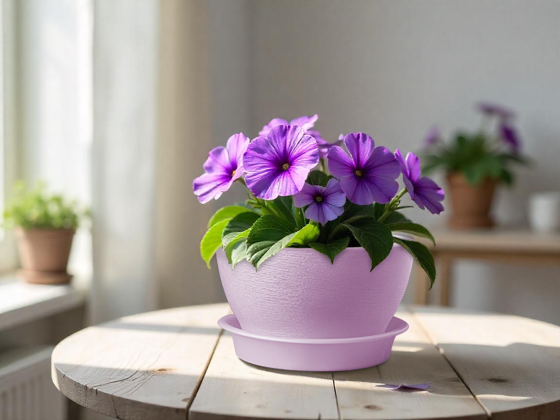 Кашпо пластм. "Фиалочка" 0,8л d верха 140мм h80мм с поддоном Сиренивый перламутр. КФ 0,8ПР *1/65 Кашпо пластм. "Фиалочка" 0,8л d верха 140мм h80мм с поддоном Сиренивый перламутр. КФ 0,8ПР *1/65