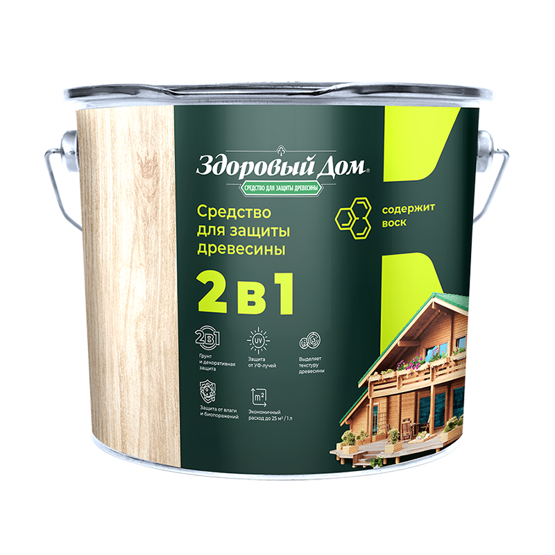 Защитно-декоративное покрытие 9 л для древесины Здоровый Дом 2 в 1, бесцветный Защитно-декоративное покрытие 9 л для древесины Здоровый Дом 2 в 1, бесцветный