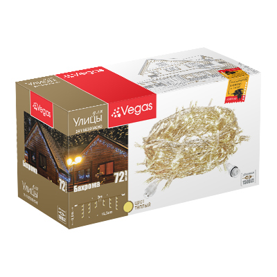 Гирлянда «Бахрома» Vegas, 3х0.6 м, фиксинг, теплый белый, 72 LED, IP44