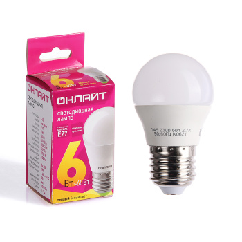 Лампа светодиодная ОНЛАЙТ, Е27, шар G45, 6 Вт, 450 Лм, 2700 К, теплый белый