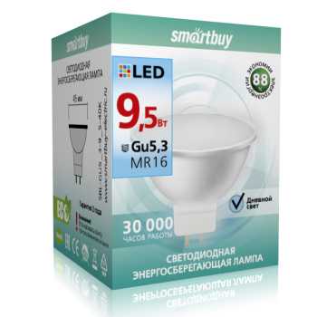 Лампа светодиодная Smartbuy, GU5.3, рефлектор MR16, 9.5 Вт, 760 Лм, 4000 К, нейтральный белый