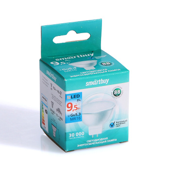 Лампа светодиодная Smartbuy, GU5.3, рефлектор MR16, 9.5 Вт, 760 Лм, 6000 К, холодный белый