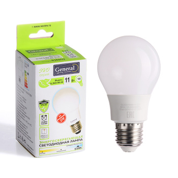 Лампа светодиодная GENERAL, Е27, груша WA60, 11 Вт, 870 Лм, холодный белый свет