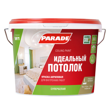 Краска акриловая 10 л для потолков PARADE W1, супербелая база А, глубокоматовая